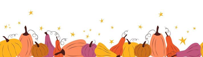 Autumn different hand drawn bright pumpkins with stars. Seamless long banner isolated on a white background. vector