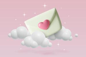 Closed mail letter with heart flying in the sky with clouds Valentine's Day romantic 3d background vector