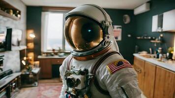 Parallel world bedroom scene An astronaut explores the universe amidst stars and galaxies. Embark on an exciting space mission to the vast reaches of the universe. video