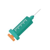 A teal medical syringe with an orange plunger lying flat on a white background vector