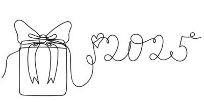 A simple line drawing of a gift box with a bow and the year 2025 in cursive script vector