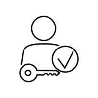 Simple outline of a person with a key and checkmark symbolizing security and access approval vector