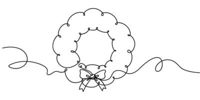 Simple line drawing of a decorative wreath adorned with a bow and flowing ribbon vector