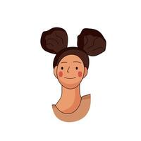 A cheerful character with brown hair styled in playful buns and a warm smile on a plain background vector