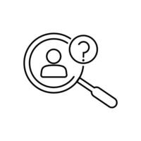 Magnifying glass examining user profile silhouette with question mark indicating identity search vector