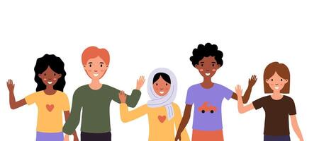 Group of cheerful friends waving hello in a colorful and friendly setting vector