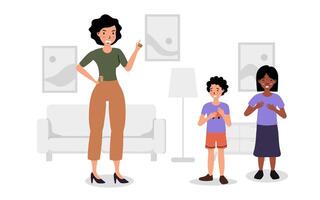 Mother discussing rules with her children in a cozy living room at home during the afternoon vector