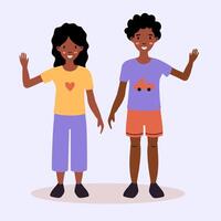 Two cheerful kids waving hello in a friendly and playful manner against a simple background vector