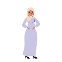 A woman in a flowing lavender dress and hijab stands confidently with hands on her waist vector