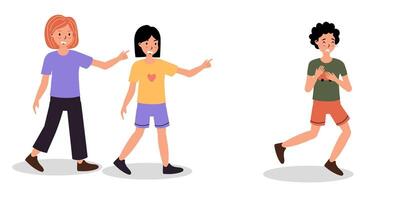 Children engaging in playful teasing while one runs away in a lighthearted outdoor setting vector