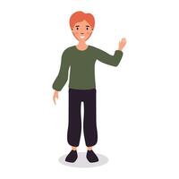 Cheerful young person waving hello in a casual outfit with a friendly expression vector