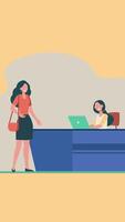 Female Customer Standing At Reception Desk And Talking To Female Receptionist On Vertical 2D Cartoon Animation video