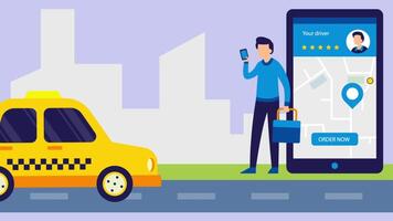 Hands With Smartphone And Taxi Application, City Silhouette With Skyscrapers And Tower 2D Cartoon Animation video