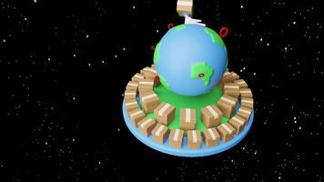 3d goods cardboard box with wing, globe on podium, pin, space background. express delivery route, worldwide shipping concept, 3d illustration render video