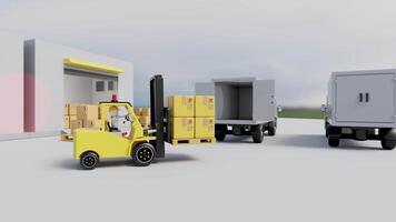building warehouse with forklift for import export, goods cardboard box, pallet, truck. logistic service concept, 3d animation video