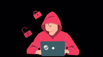 Hacker With Laptop Computer Stealing Passwords And Breaking In Confidential Data On Alpha Channel 2D Cartoon Animation video