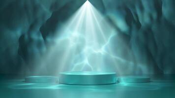 Underwater ocean with podium empty, reflect sunlight on surface. reflecting sparkling light on background. cosmetic display product stage concept, 3d illustration render video