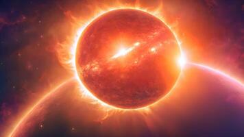Sun and Planet in Space with Glowing Light and Stars video