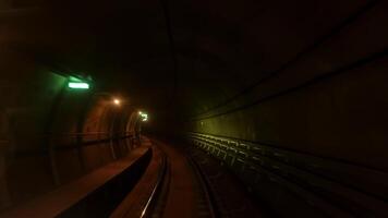 First point view of automatic train moving in subway tunnel without driver. Underground metro in Copenhagen. Transportation system of modern European city video