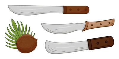 Different types of machetes, coconut and palm leaf. Illustration of a farming tool for splitting a coconut. A sharp, long, wide knife. vector