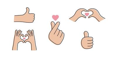 Set of images likes. Colored heart symbols with hands and fingers. Several variations of love icons with thin lines and offset colors. vector