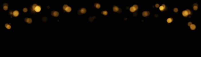 horizontal banner many Golden bokeh circles, golden particle on black background. Yellow and Orange light circular design along the top edge of the banner. Background with copyright. vector