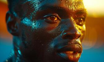 Close-up portrait of sweaty African runner at competition after 100m or 400m race in stadium on sunset photo