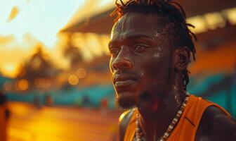 Close-up portrait of sweaty African runner at competition after 400m race in stadium on sunset photo