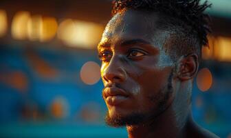 Close-up portrait of sweaty African runner at competition after 100m or 400m race in stadium on sunset photo