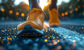 Close-up of a runner's leg in yellow sneakers on a morning run photo