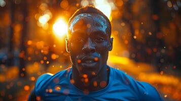 Close-up portrait of sweaty African runner at competition after 100m or 400m race in stadium on sunset photo