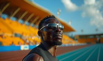 Close-up portrait of sweaty African runner in sunglasses at competition after 400m race in stadium photo