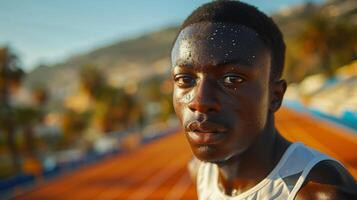 Close-up portrait of sweaty African runner at competition after 100m or 400m race in stadium on sunset photo