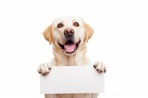 Happy Labrador Retriever Sitting with Blank Sign on White Background photo