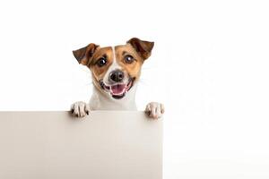 Happy Dog Holding Blank Signboard with Paws on White Background photo