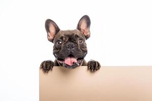 Happy French Bulldog Holding a Blank Signboard Against White Background photo