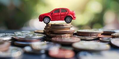 Red Toy Car on Stacked Coins Representing Savings and Financial Planning photo