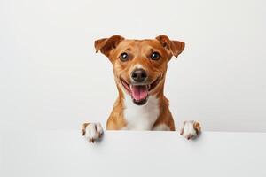 Happy Dog Sitting and Holding a Big Blank Signboard with Both Paws photo