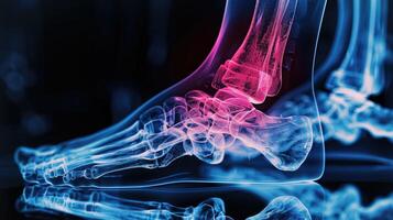 3D X-Ray Image Showing Pain in the Ankle Joint Highlighted in Red photo