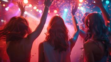 Friends Dancing at a Colorful Party with Confetti and Lights photo