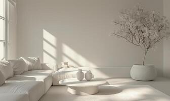 Minimalist Living Room with White Sofa and Decorative Tree in Natural Sunlight photo