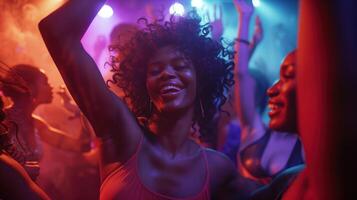 Group of Friends Dancing and Enjoying Night Out at Club Party Under Colorful Lights photo