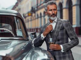 sofisticado hombre en lujo traje posando con vino cerca clásico coche en urbano calle foto