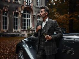Handsome Man in His Fifties in Elegant Suit with Vintage Car and Glass of Wine photo
