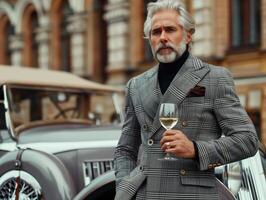 Handsome Man in His Fifties in a Stylish Suit Holding a Glass Of Wine Next to a Vintage Car photo