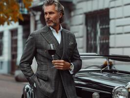 Sophisticated Mature Man in Stylish Suit Enjoying Wine Outdoors by Vintage Car photo