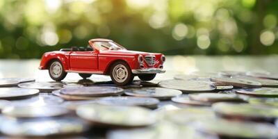 Red Toy Convertible Car on a Stack of Coins Representing Savings and Financial Planning photo