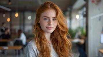 Confident Redhead Woman Smiling in a Modern Office Setting photo