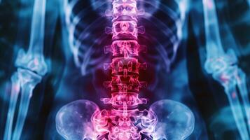 3D X-Ray Scan Showing Lumbar Spine with Pain and Joint Issues Highlighted in Red photo