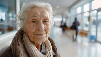 Elderly Woman with Gray Hair Smiling in Bright Interior Setting photo